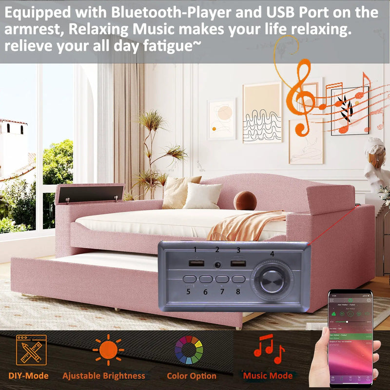 Upholstered Daybed With Storage Armrests, Trundle And Latest Integrated tooth Audio System by HouseOfZazla