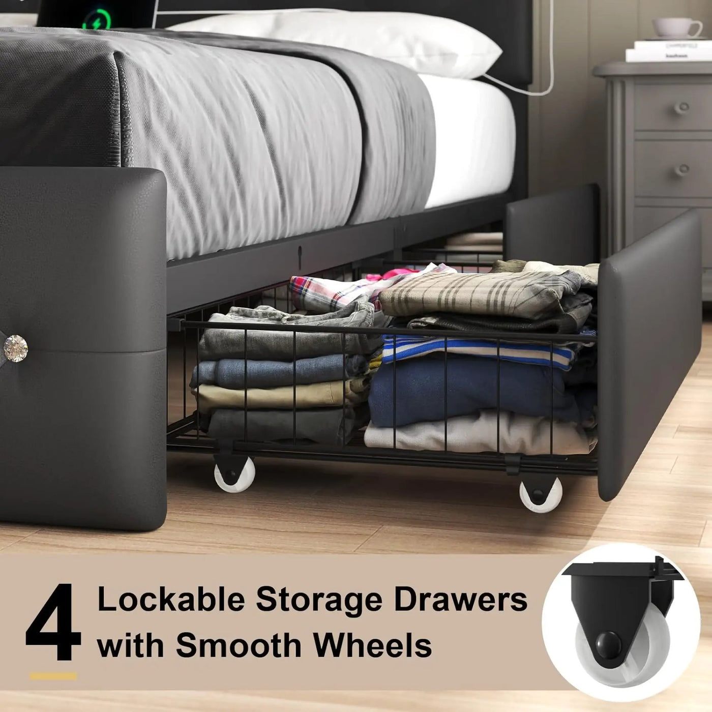 Upholstered Bed Frame With LED Lights, 4 Storage Drawers, Charging Station by HouseOfZazla
