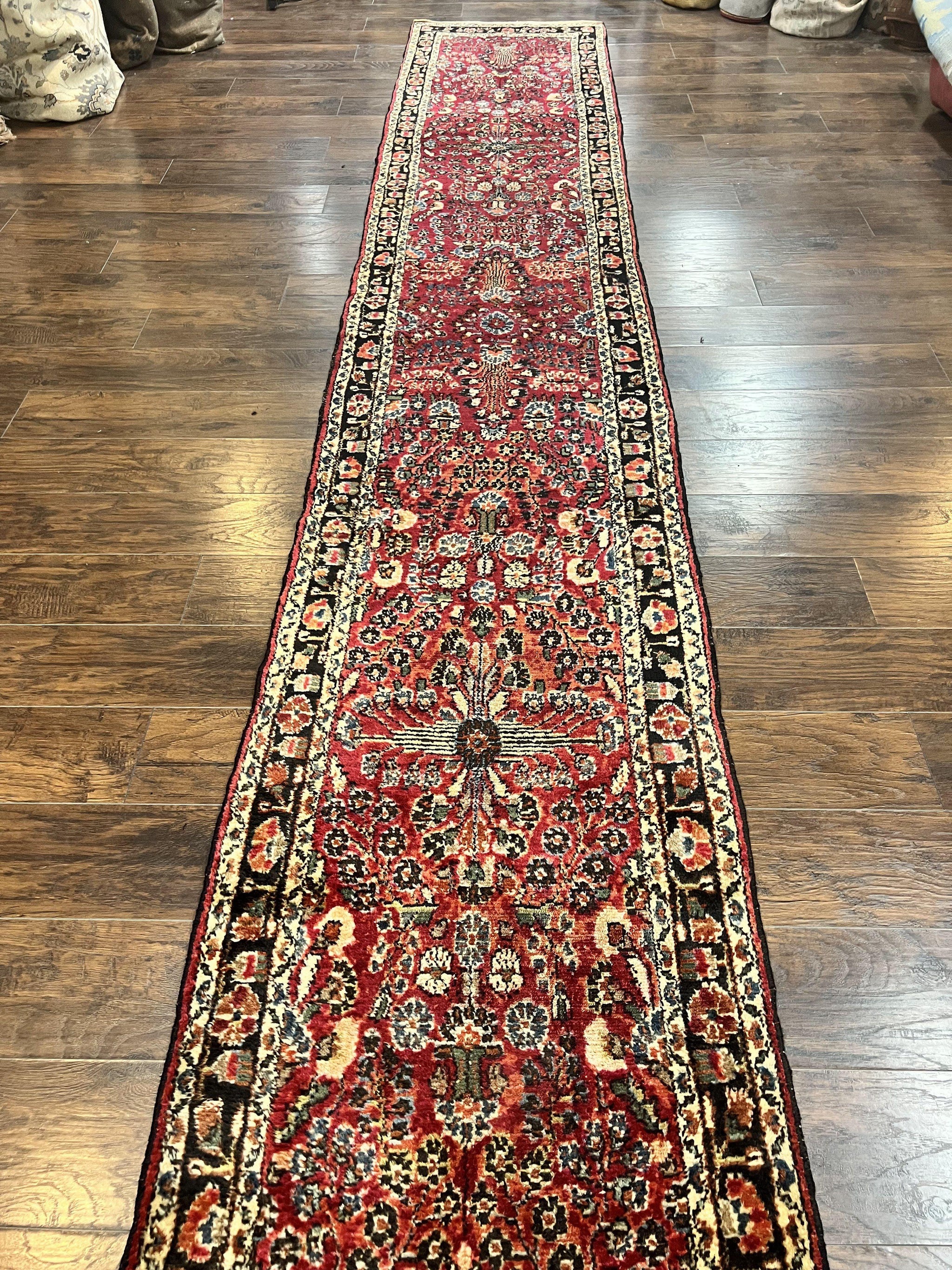 Antique Persian Runner Rug 2.9 x 17, Rare Sarouk Runner, Handmade Wool Rug for Hallway, Red, Floral by Jewel Rugs