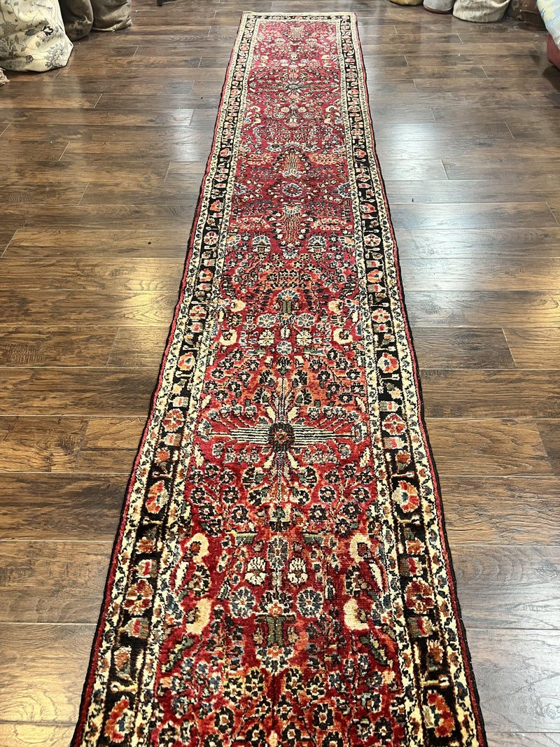 Antique Persian Runner Rug 2.9 x 17, Rare Sarouk Runner, Handmade Wool Rug for Hallway, Red, Floral by Jewel Rugs