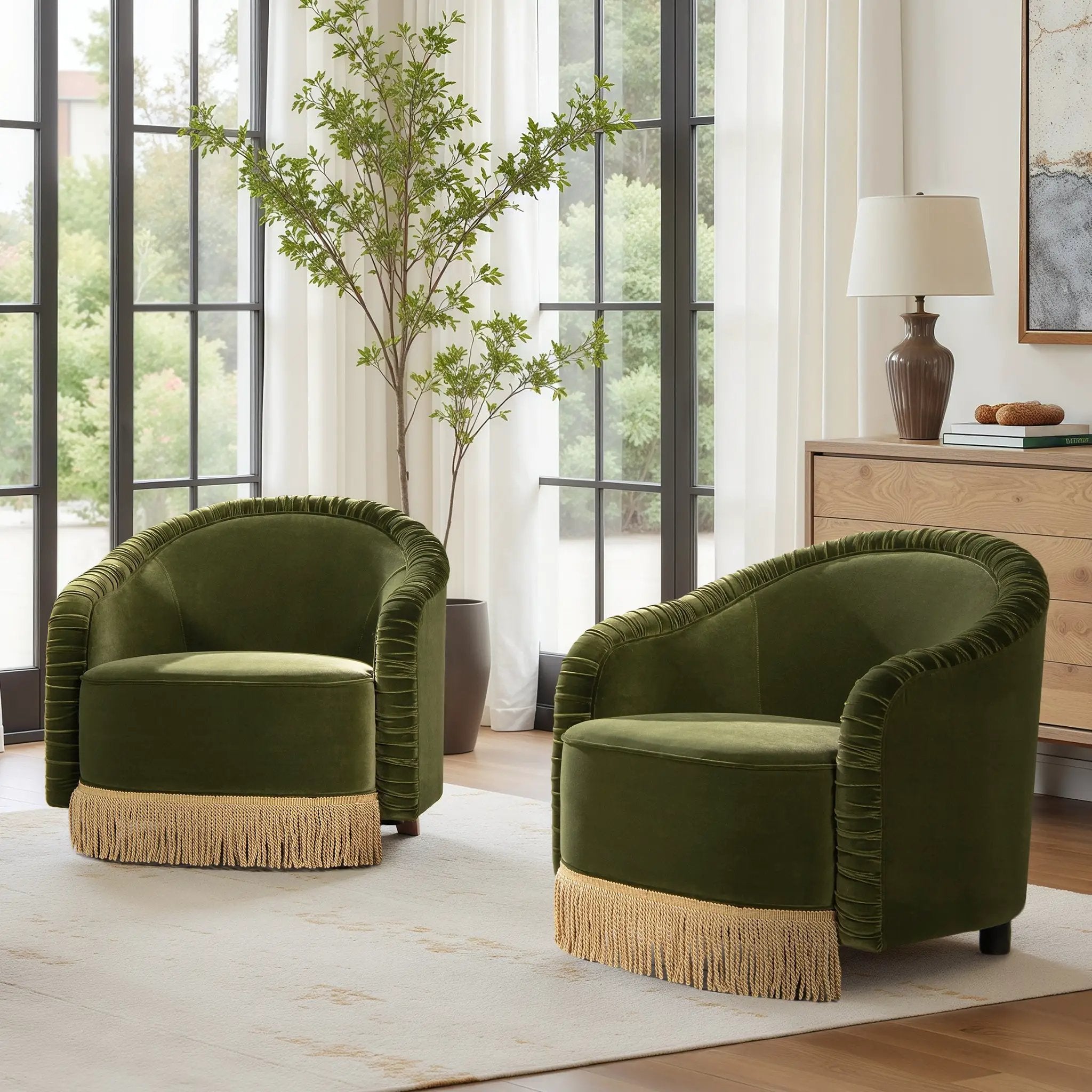 Serena 31.5" Ruched Barrel Back Accent Arm Chair with Bullion Fringe, Olive by HouseOfZazla