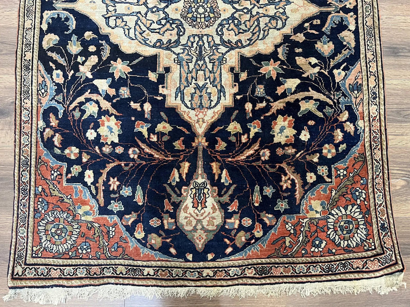 Antique Persian Rug 3.5 x 5, Sarouk Farahan Rug, High Quality 1920s Fine Oriental Carpet 3 x 5 ft, Large Medallion, Floral, Navy Blue Red, Hand Knotted Wool Rug by Jewel Rugs