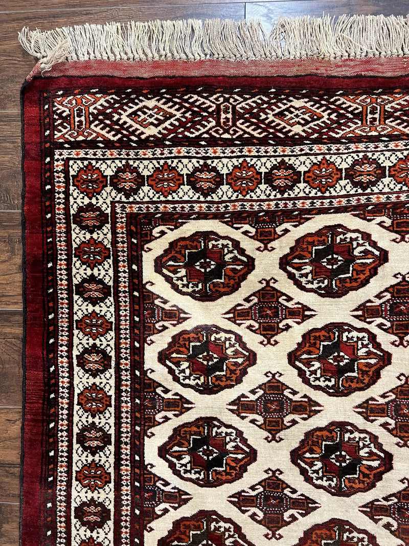 Persian Turkoman Rug 7x8, Almost Square Rare, Hand Knotted, Yamud, Bohemian Rug, Handmade Tribal Rug, Cream Red, Handmade Oriental Carpet by Jewel Rugs