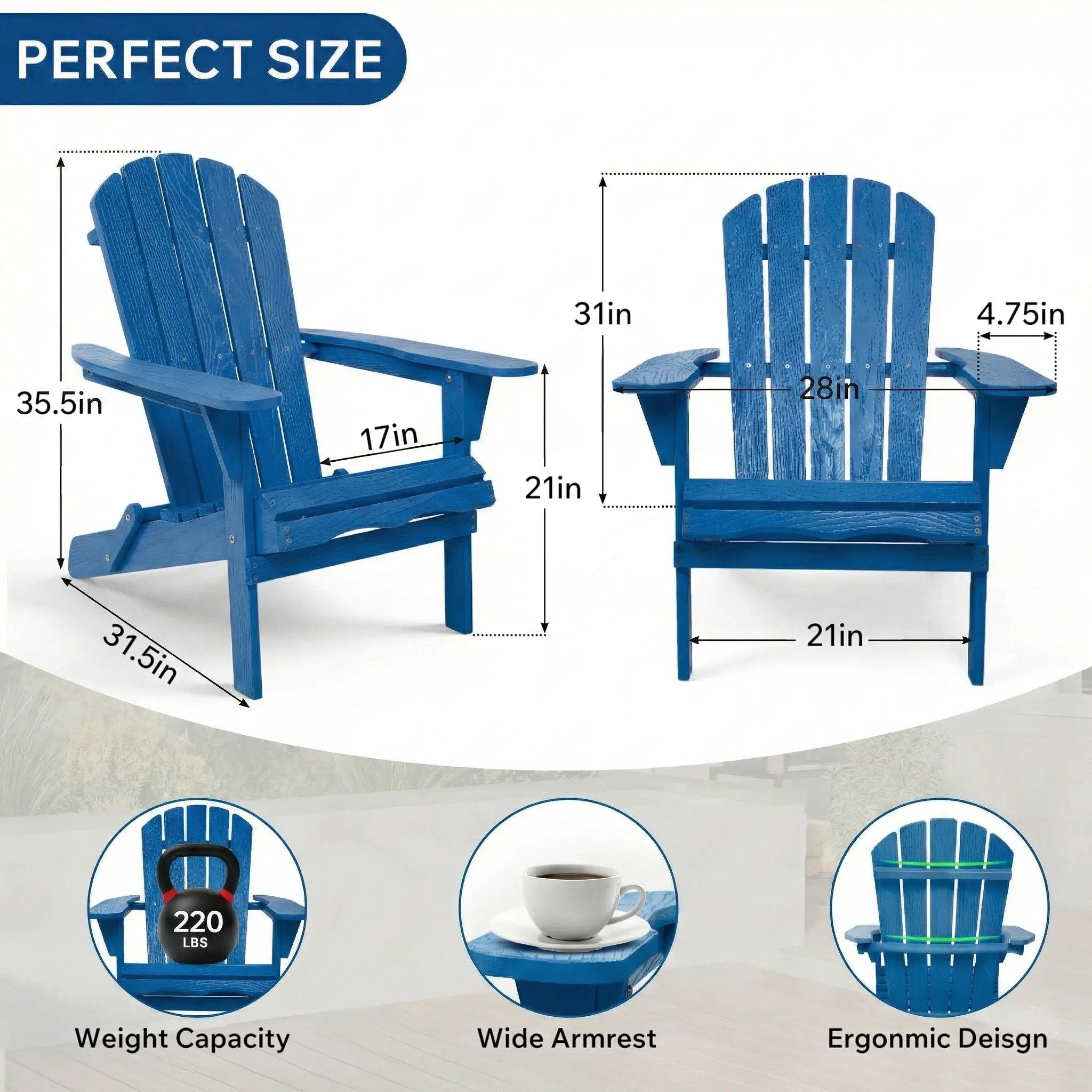 Outdoor Folding Adirondack Chair With Pre-Assembled BackRest & SeatBoard Patio - Navy Blue by Unique Piece Furniture