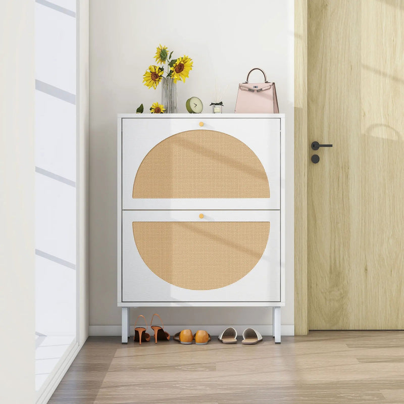 2 Door Shoe Rack, Rattan, Double Layer, Suitable For Living Room, Hallway - White by HouseOfZazla