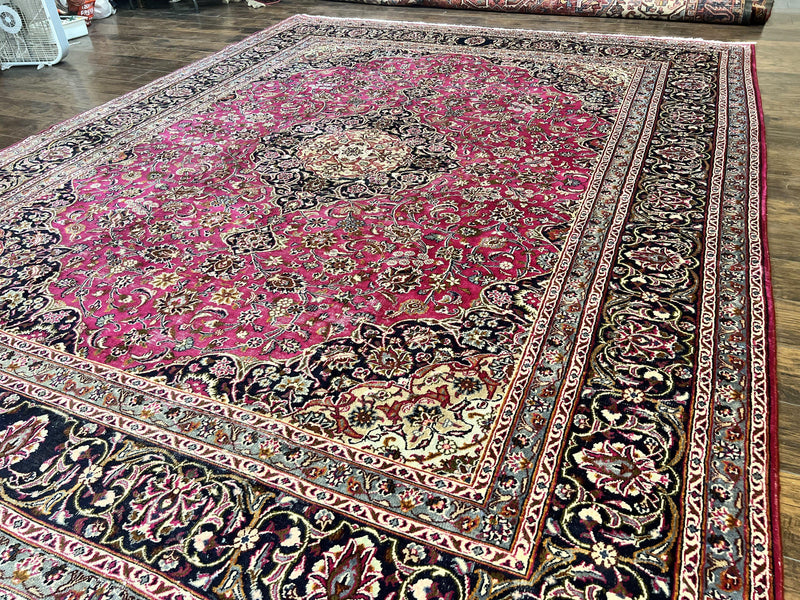 Persian Rug 10x13, Wool Hand Knotted Antique Kashmar Carpet, Raspberry Red & Navy Blue, Floral Medallion, Traditional Oriental Rug 10 x 13 by Jewel Rugs