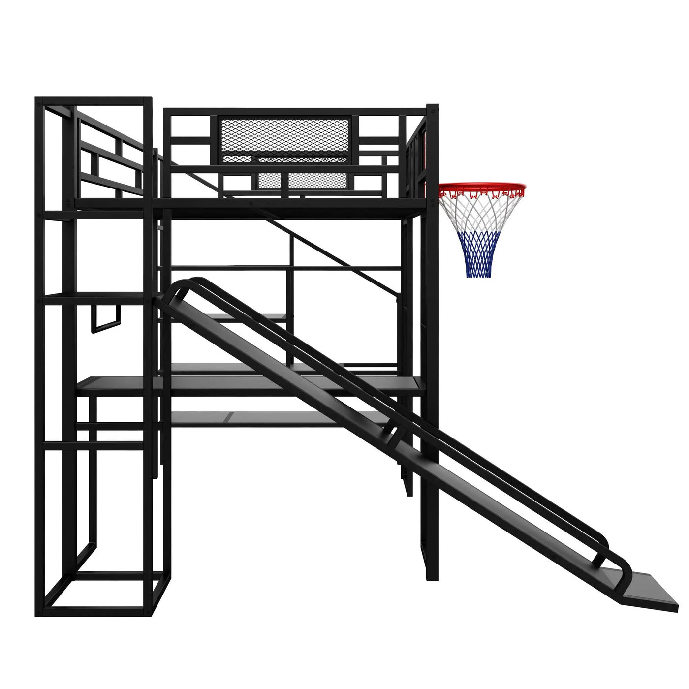Loft Bed With Built In Desk, Open Wardrobe, Basketball Hoop, Slide And Staircase by HouseOfZazla
