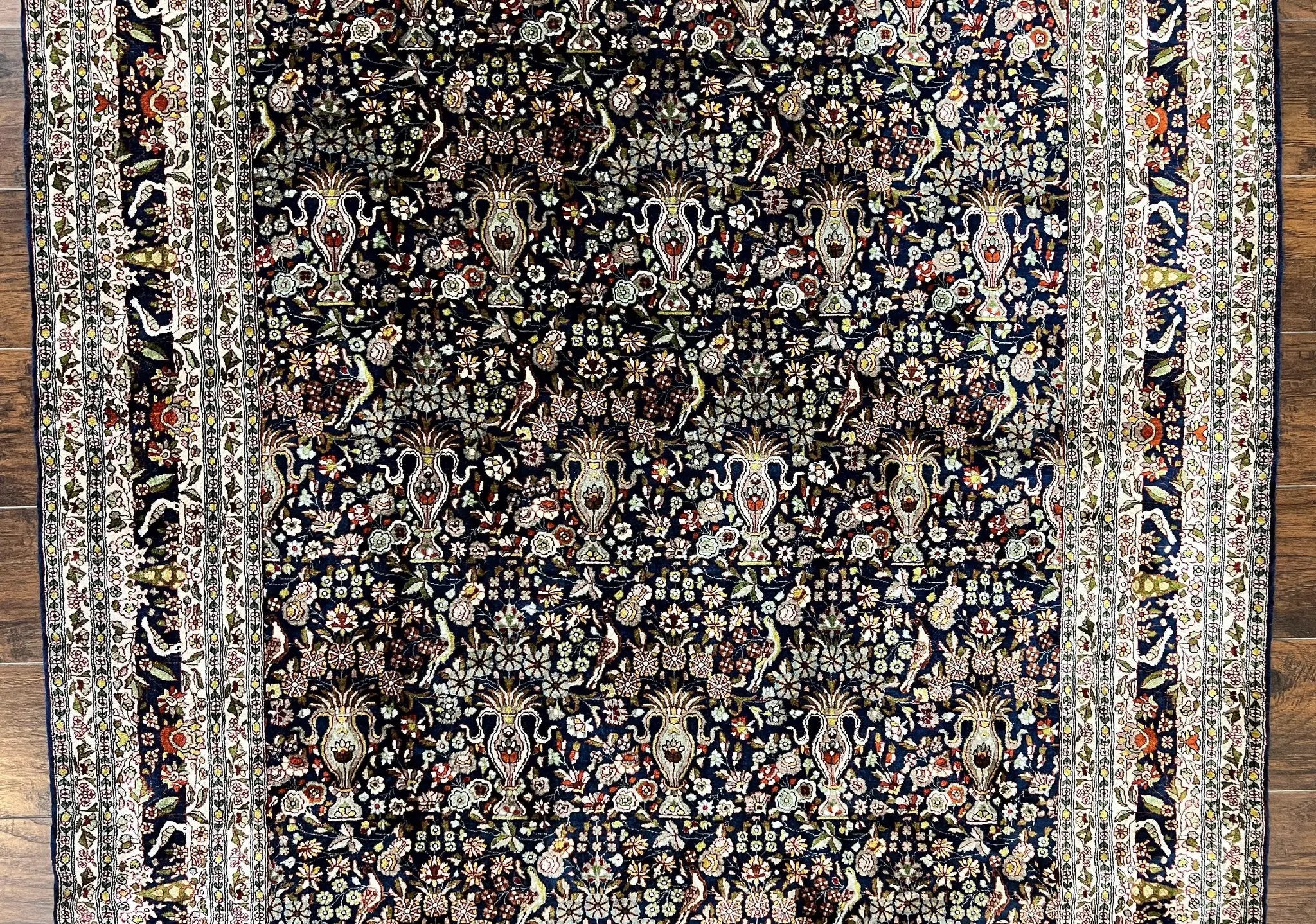 Silk Indian Kashmiri Rug 5x7, Navy Blue Indo Persian Silk Carpet 5 x 7 ft, Hand Knotted Handmade Very Fine Oriental Carpet, 450 KPSI, Birds by Jewel Rugs