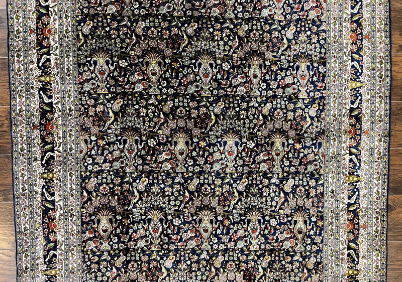 Silk Indian Kashmiri Rug 5x7, Navy Blue Indo Persian Silk Carpet 5 x 7 ft, Hand Knotted Handmade Very Fine Oriental Carpet, 450 KPSI, Birds by Jewel Rugs