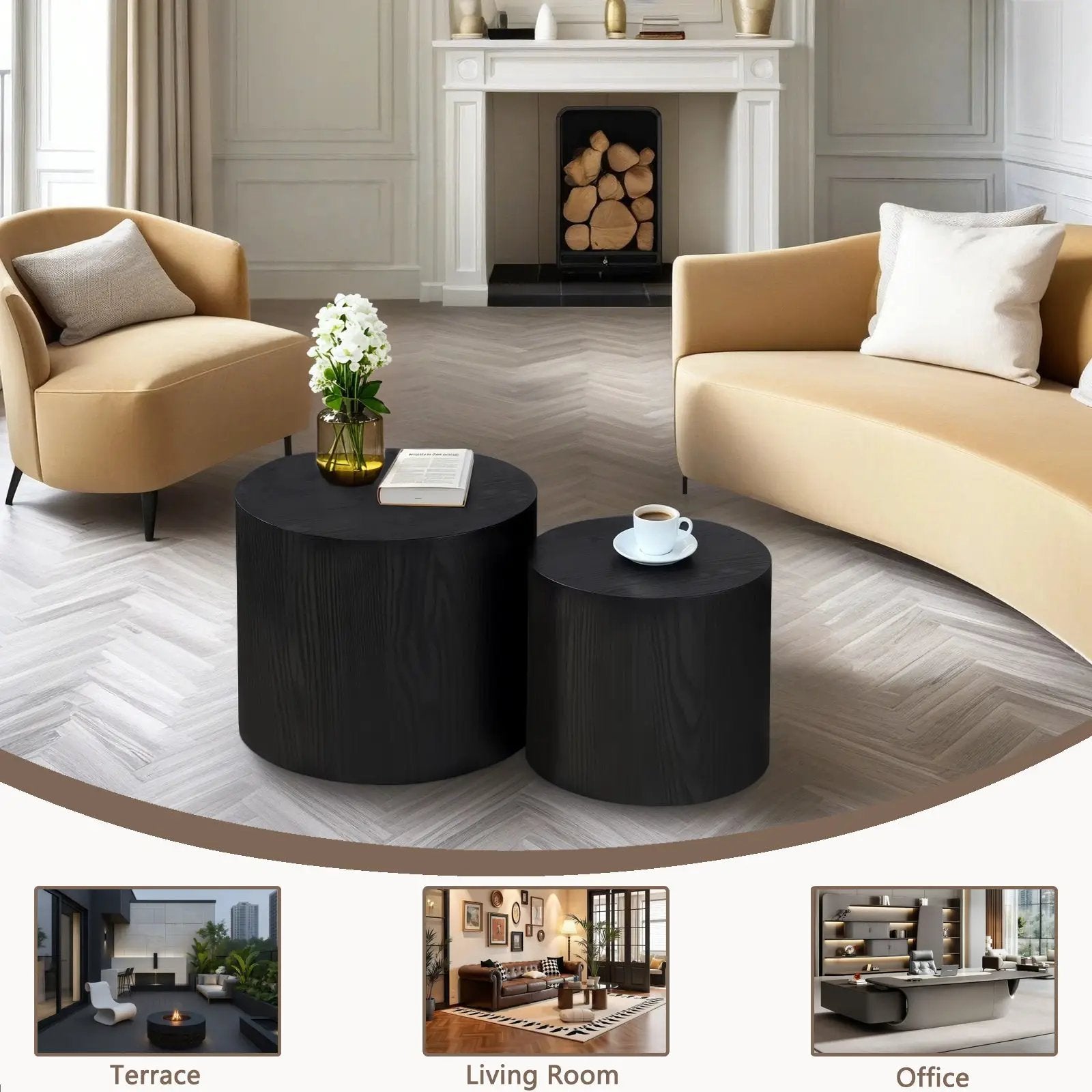 Nesting Coffee Table Set of 2, Modern Round Wood Side Tables by HouseOfZazla