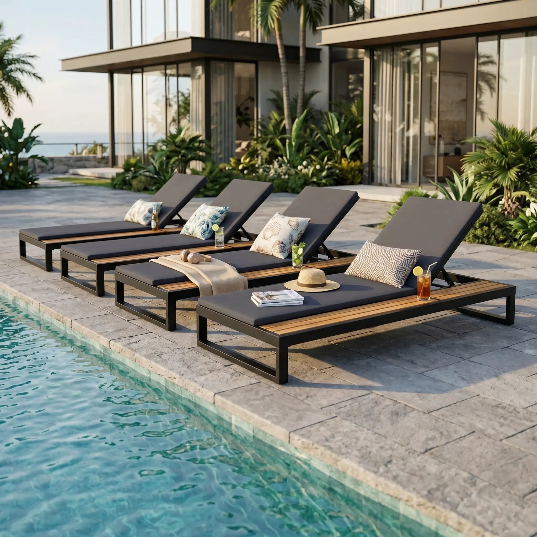 Black Iron & Teak Finish Chaise Lounge Set by HouseOfZazla