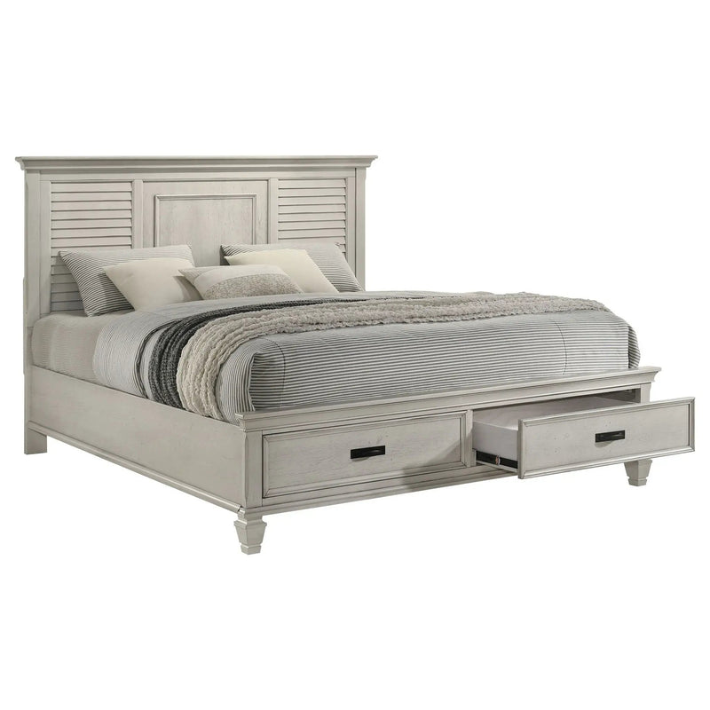 Franco Wood Eastern King Storage Panel Bed Distressed White by Unique Piece Furniture
