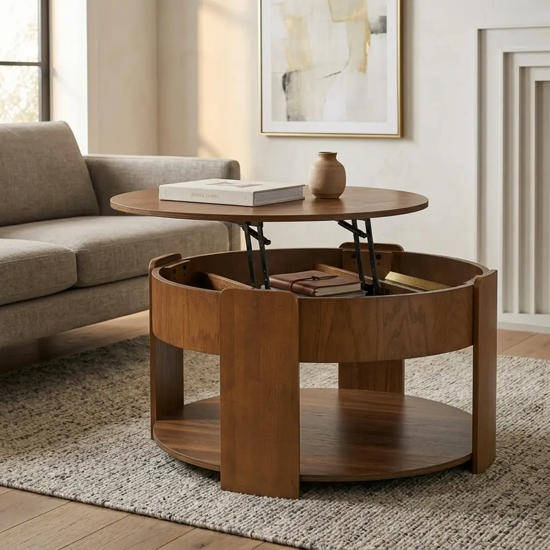Vibe Haus Farmhouse Round Lift Top Coffee Table with Hidden Storage by HouseOfZazla