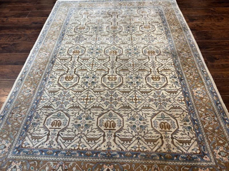 Indo Persian Rug 6x9, Beige, Allover Pattern, Vintage Wool Oriental Carpet by Jewel Rugs