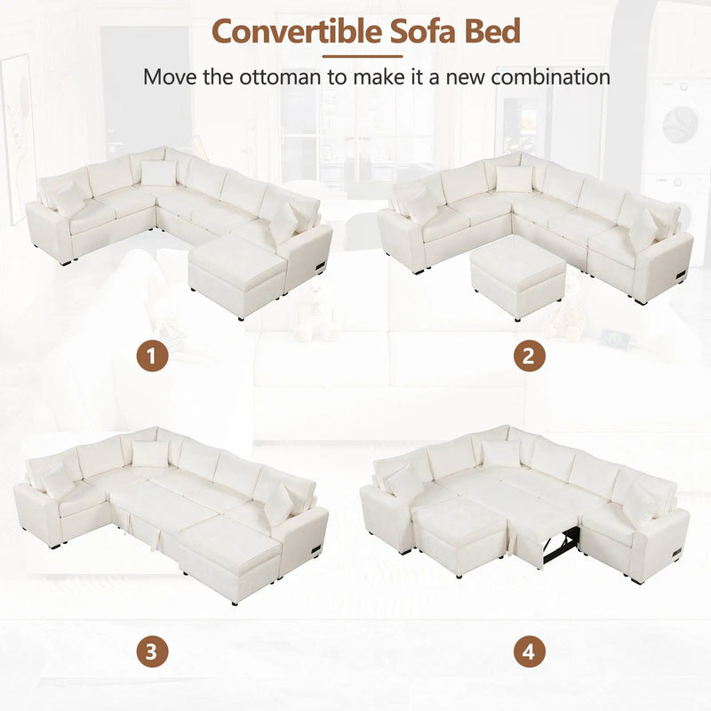 Sectional Sofa Pull-Out Sofa Bed Sleeper With A Storage Ottoman, Three Pillows And Charging Devices For Living Room by Unique Piece Furniture