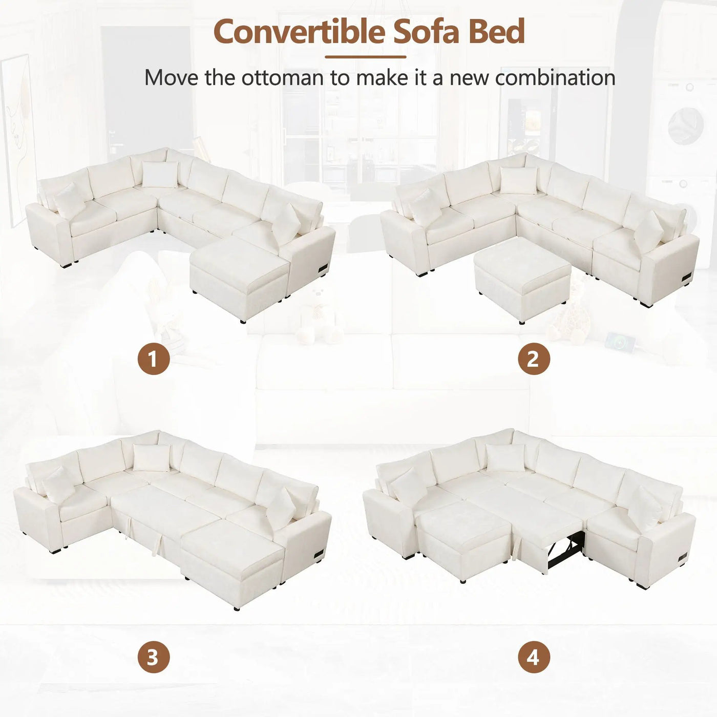 Sectional Sofa Pull-Out Sofa Bed Sleeper With A Storage Ottoman, Three Pillows And Charging Devices For Living Room by HouseOfZazla