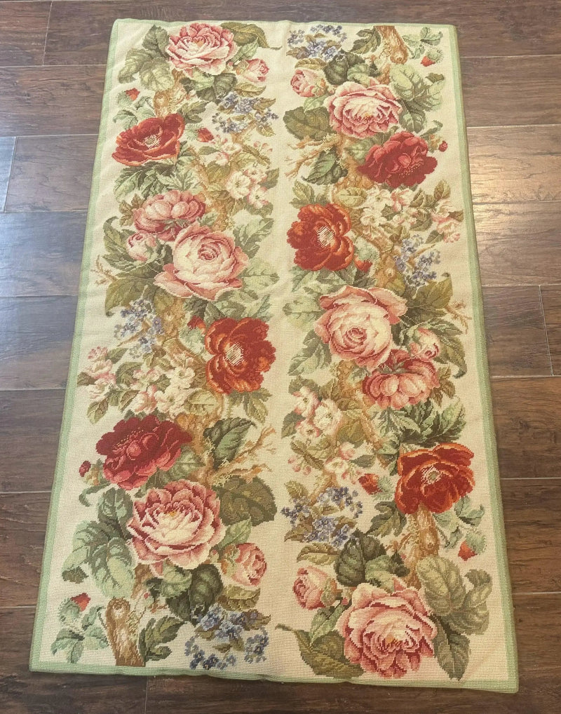 Small Needlepoint Rug 2.8 x 4.7, Floral, Vintage by Jewel Rugs