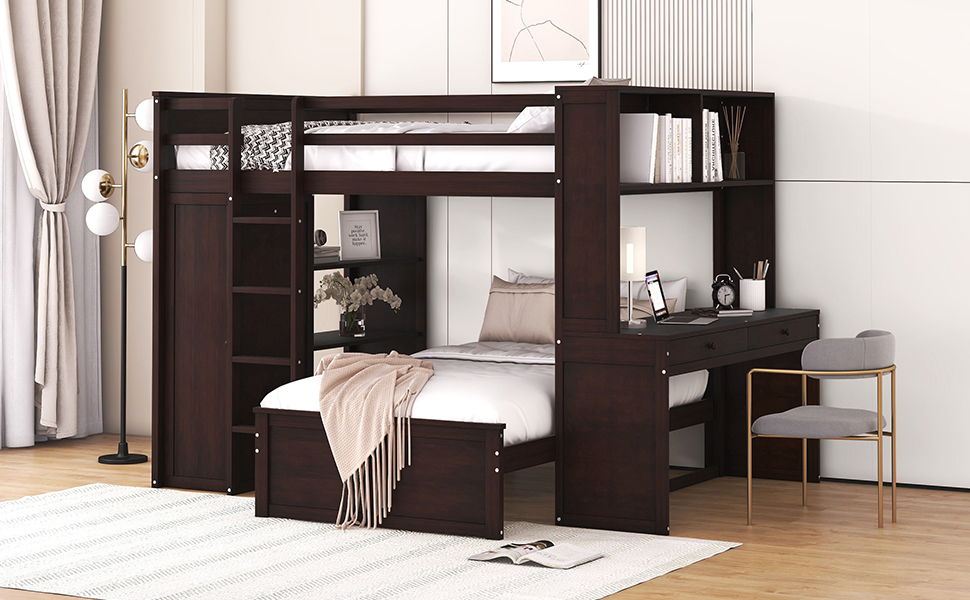 Loft Bed With A Twin Size Standalone Bed, Shelves, Desk, And Wardrobe by HouseOfZazla