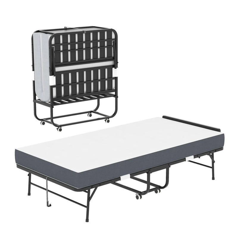 Twin Adjustable Headboard Folding Bed With Memory Foam Mattress, Heavy-Duty Frame Cot For Tall People, Portable Guest On Wheels - Black by HouseOfZazla