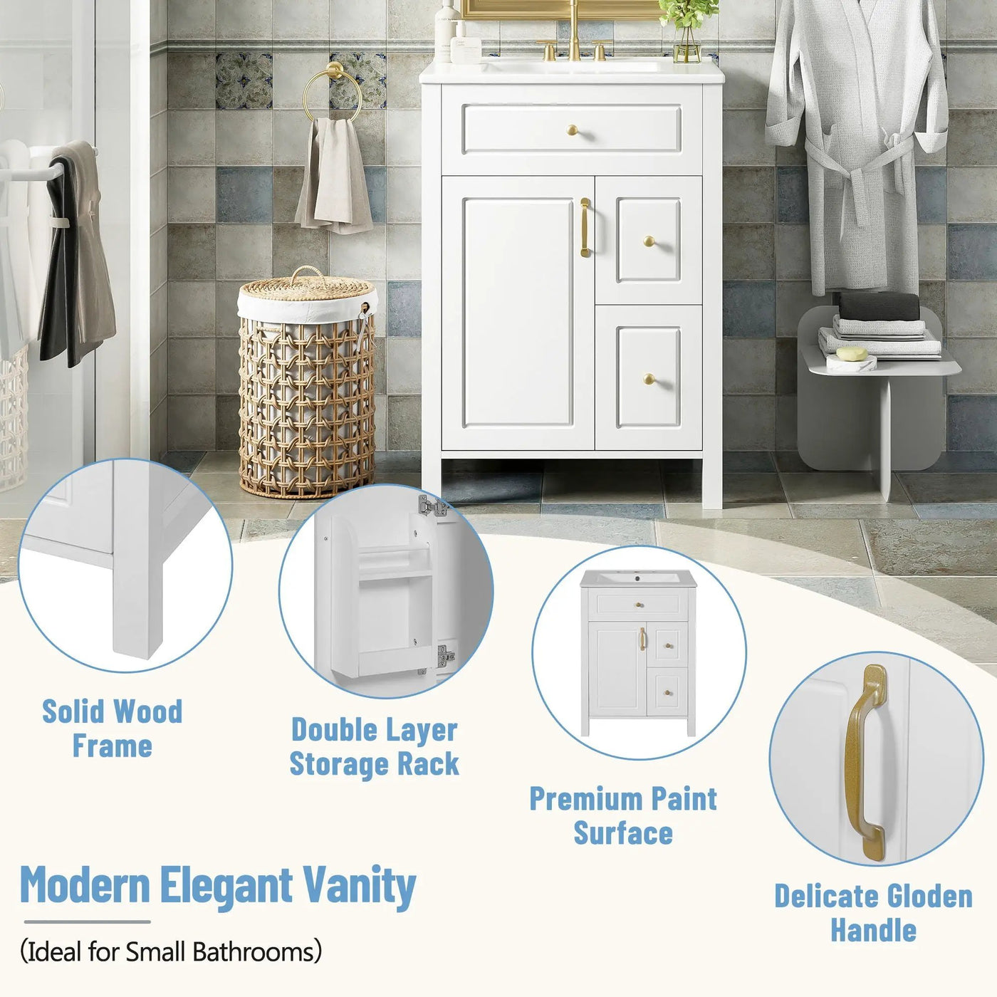 Elegant Bathroom Vanity With Ceramic Sink, Soft Close Doors And Drawers, Double Storage Racks by HouseOfZazla