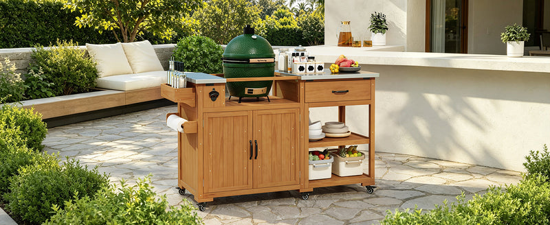 TOPMAX 55.4" Outdoor Solid Wood Kitchen Cart, Stainless Top Grill Cart, Kitchen Island with Spice Rack, Drawer, Adjustable Shelves and 4 Door Racks  for Patio, Deck, photo 2 of 10