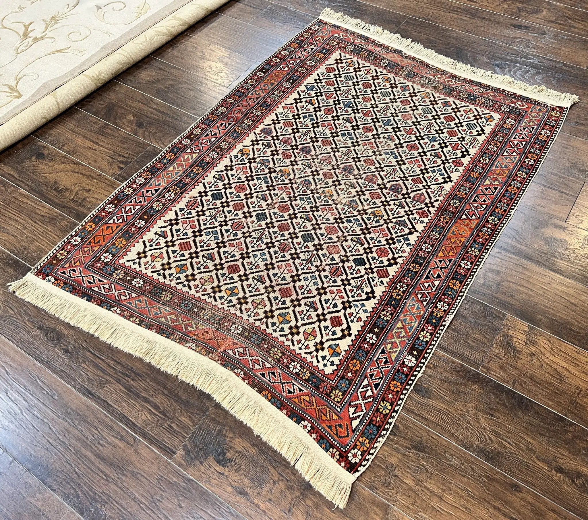 Antique Caucasian Rug 4x5, Hand Knotted Handmade Shirvan Oriental Carpet, Ivory Red Rug Allover Pattern, Rare Wool Rug, Tribal Geometric Rug by Jewel Rugs