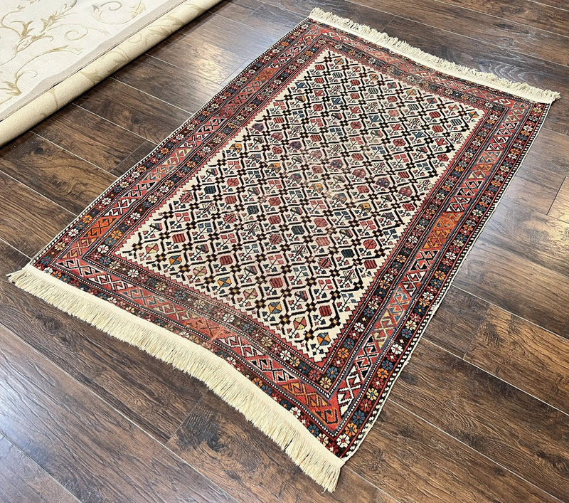 Antique Caucasian Rug 4x5, Hand Knotted Handmade Shirvan Oriental Carpet, Ivory Red Rug Allover Pattern, Rare Wool Rug, Tribal Geometric Rug by Jewel Rugs
