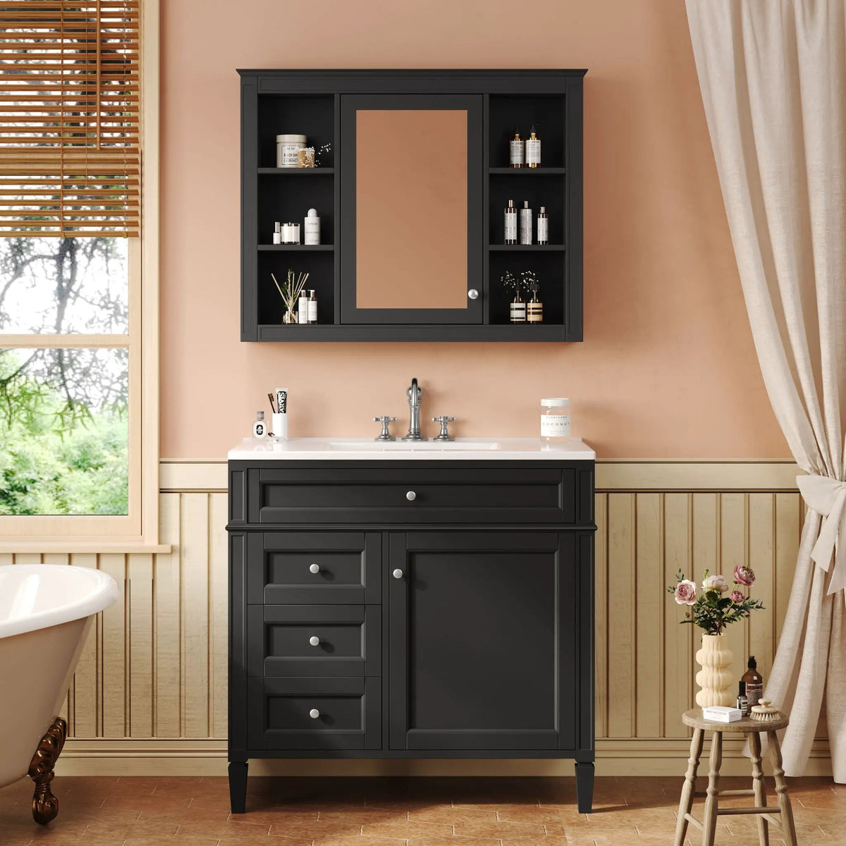 Bathroom Vanity With Mirror Cabinet, Single Sink With 2 Soft Closing Doors And 4 Drawers, photo 13 of 35