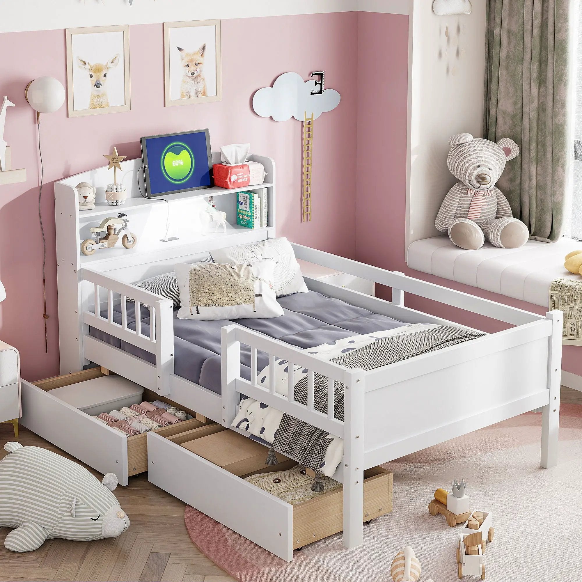 Platform Bed With LED Light, Multi Functional Headboard, Guardrail And 2 Drawers by Unique Piece Furniture