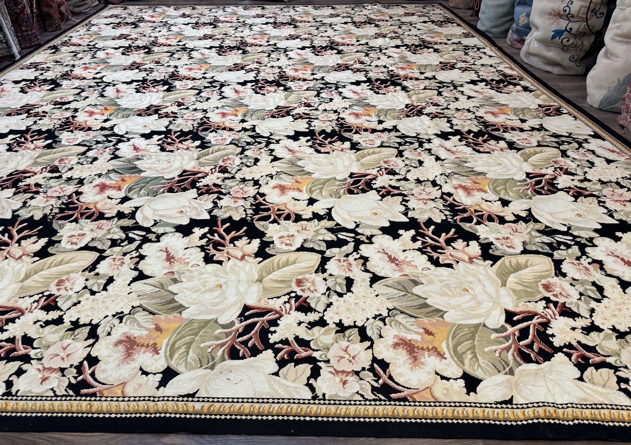 Palace Size Needlepoint Rug 13x17, Extra Large Wool Floral Handmade Carpet, European Design, Botanical by Jewel Rugs