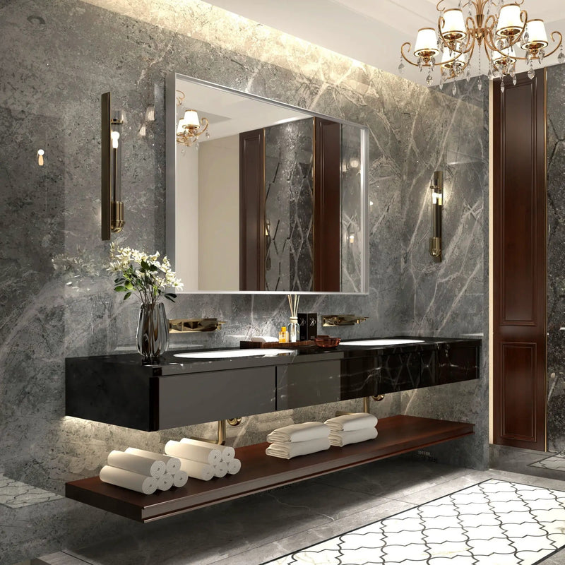 40X30" Silver Rectangular Wall-Mounted Beveled Bathroom Mirror, Square Angle Metal Frame Wall Mounted Bathroom Mirrors For Wall (Horizontal & Vertical) - Silver by HouseOfZazla