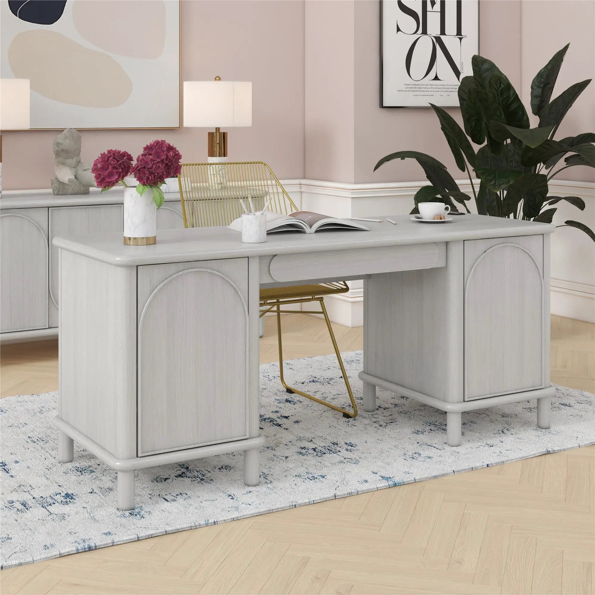 Selena - Double Pedestal Desk - Rustic White by Unique Piece Furniture