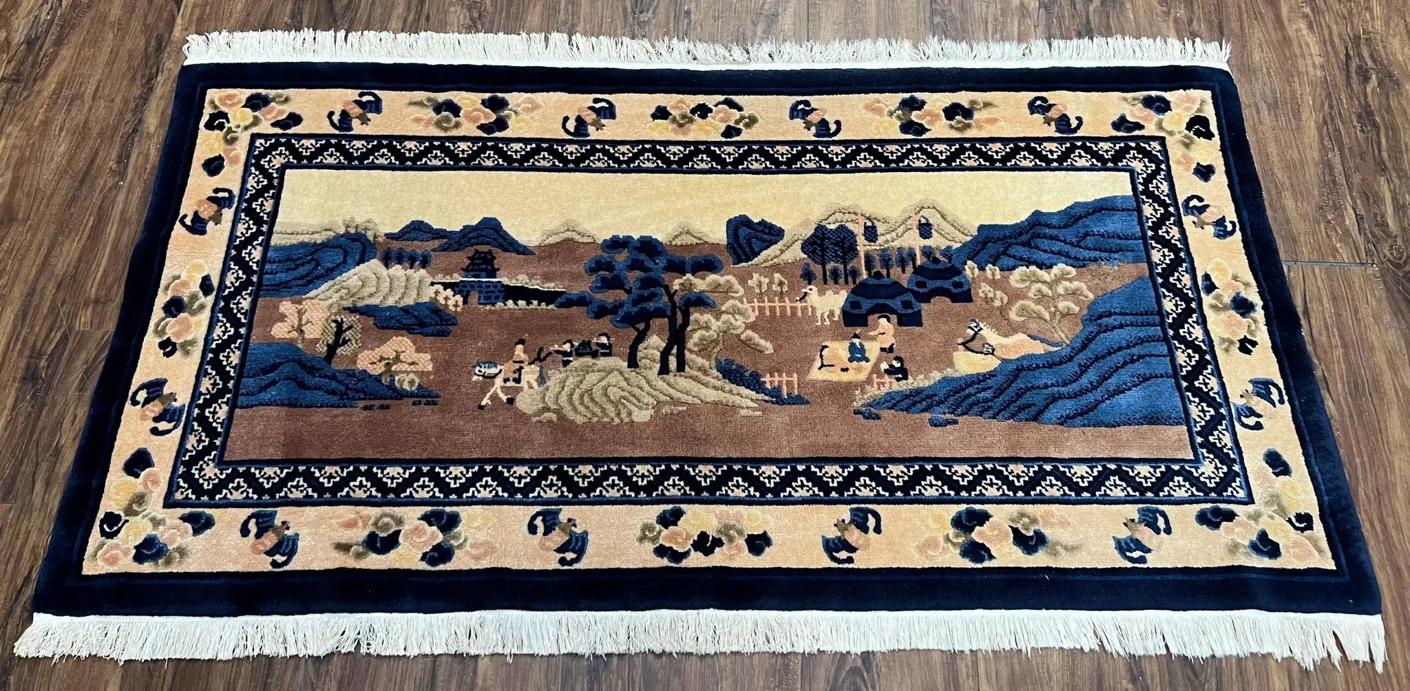 Antique Chinese Pictorial Rug 2.7 x 5, Chinese Village and Hills Carpet, Beige and Dark Blue, Handmade, Horizontal Rug Wall Hanging Tapestry by Jewel Rugs