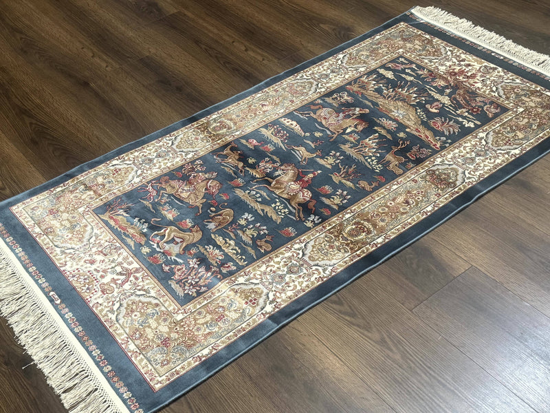 Turkish Silk Hunting Scene Rug 2.6 x 5, Dark Steel Blue & Ivory, Bamboo Silk, New by Jewel Rugs