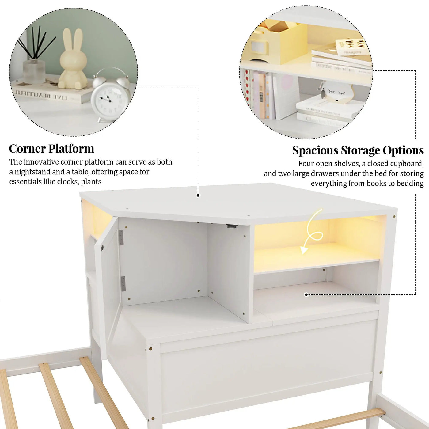 L-Shaped Bed Frame With Trundle, Built In Desk & LED Lighting by HouseOfZazla