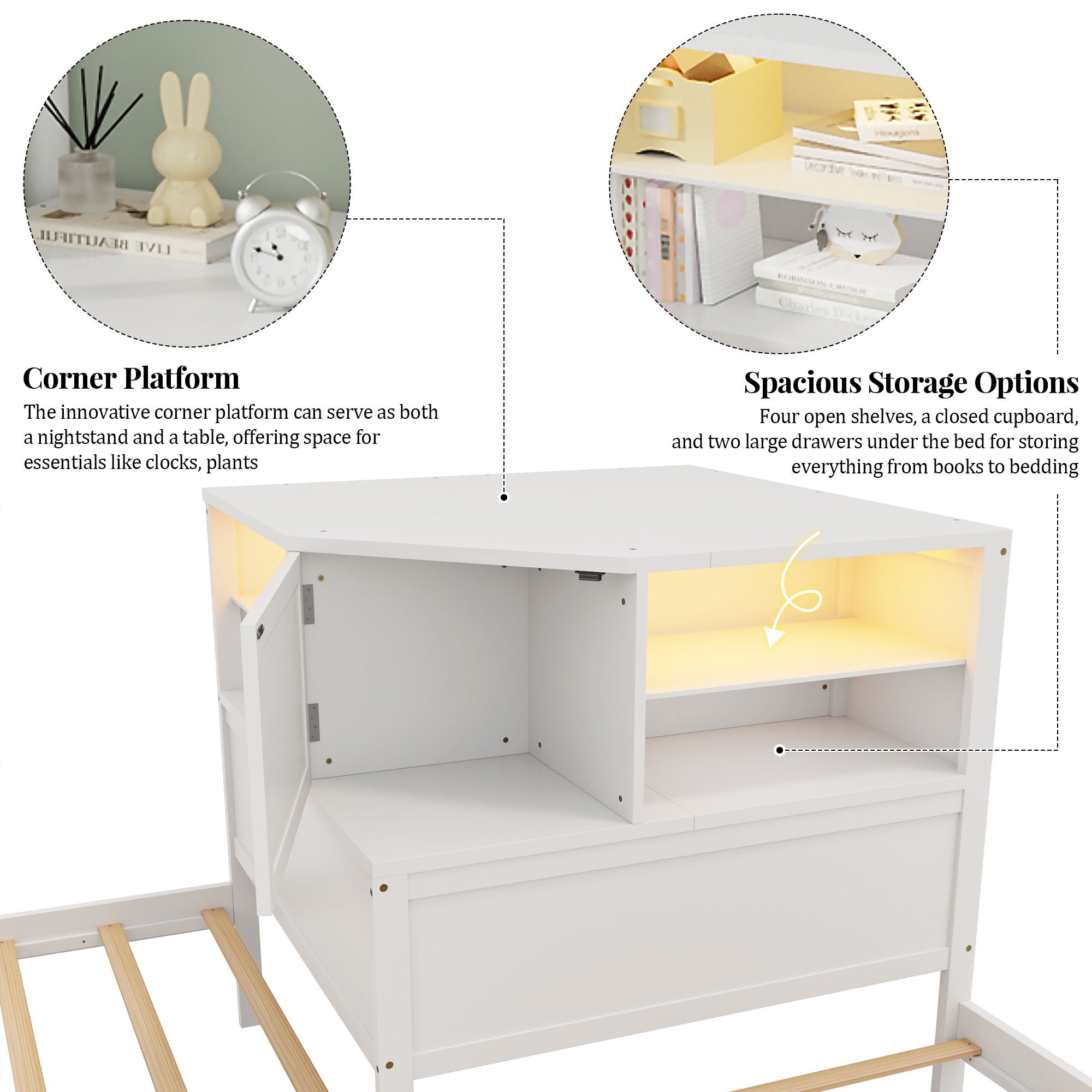 L-Shaped Bed Frame With Trundle, Built In Desk & LED Lighting by HouseOfZazla