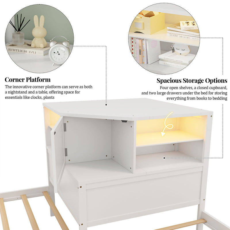 L-Shaped Bed Frame With Trundle, Built In Desk & LED Lighting by HouseOfZazla
