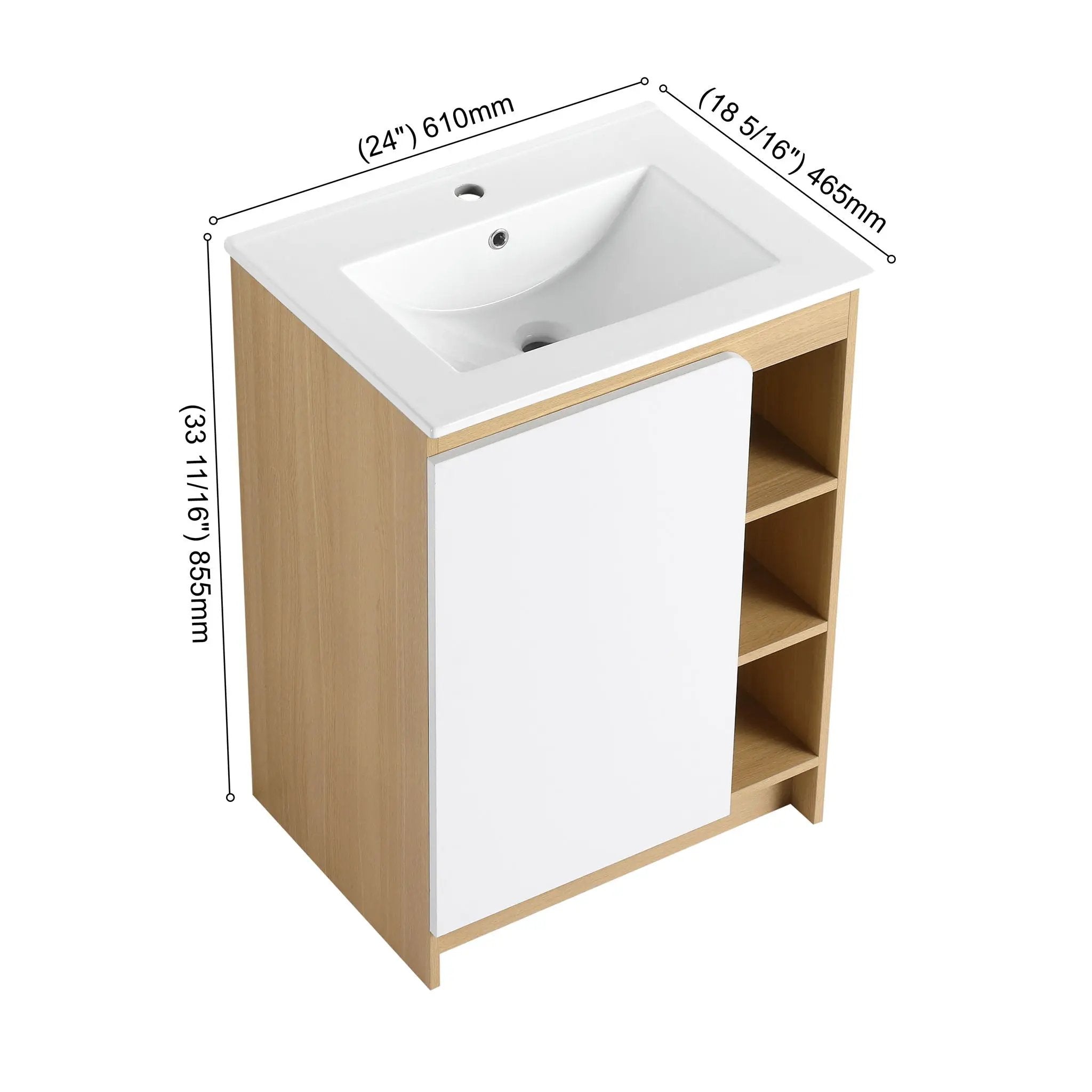 Freestanding Bathroom Vanity With Thin Rim Sink, Single Door With 4 Tier Open Shelves - Light Oak / White by HouseOfZazla