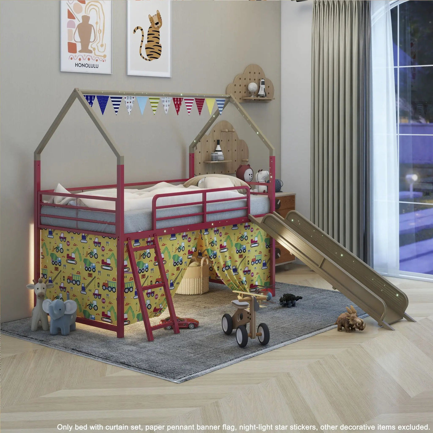 Jack - House Loft Bed With Slide And Curtain Set by HouseOfZazla