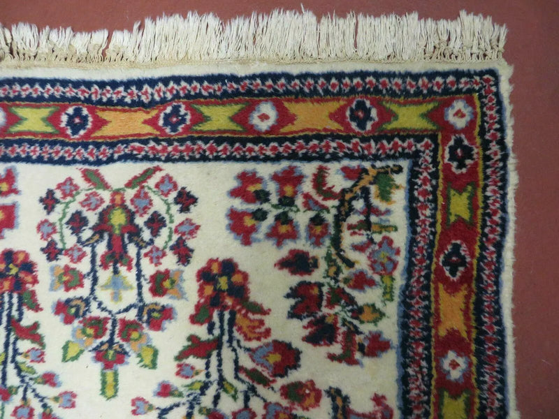 Small Persian Rug 2 x 3, Tiny Persian Sarouk Carpet, Cream Navy Blue Red, Floral Medallion, Vintage Wool Rug, Handmade Hand-Knotted Oriental Rug by Jewel Rugs