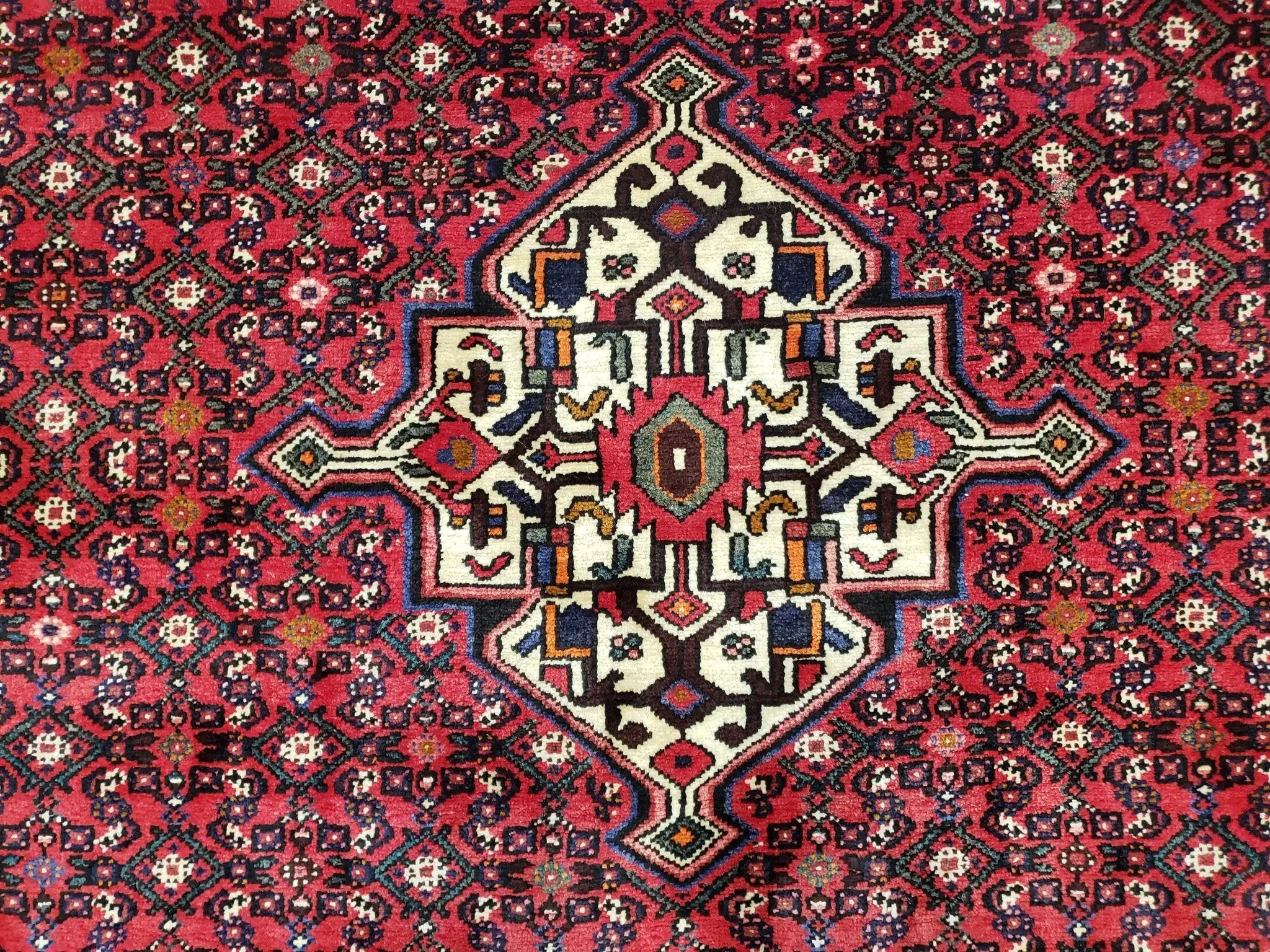Vintage Persian Hamedan Rug 7x10, Angelas Mahi Pattern, Red, Wool, Hand-Knotted by Jewel Rugs