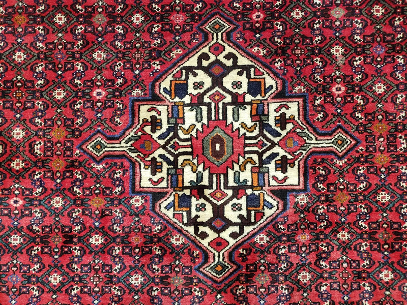 Vintage Persian Hamedan Rug 7x10, Angelas Mahi Pattern, Red, Wool, Hand-Knotted by Jewel Rugs