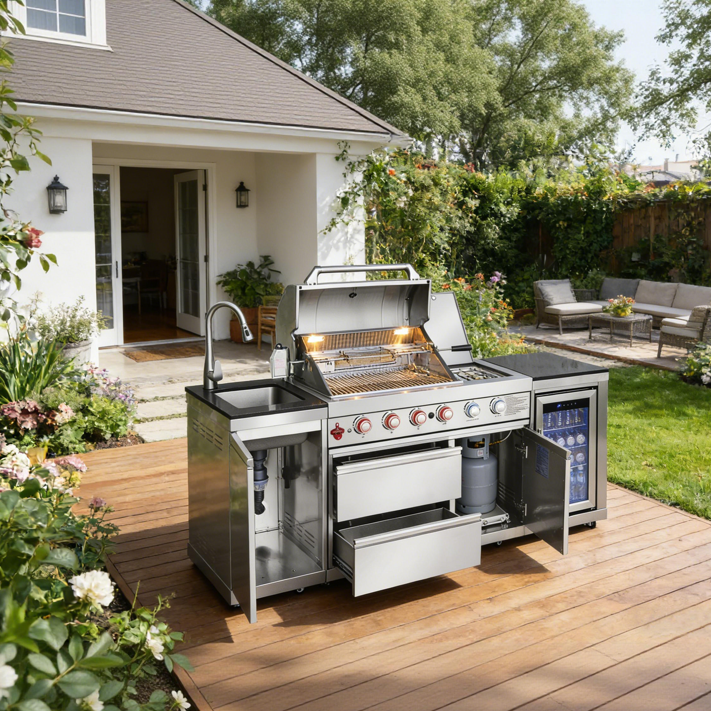 Outdoor Kitchen Island 85.2 Inch 4+1 Burner Propane Gas BBQ Grill 71500 BTU 304 Stainless Steel by HouseOfZazla