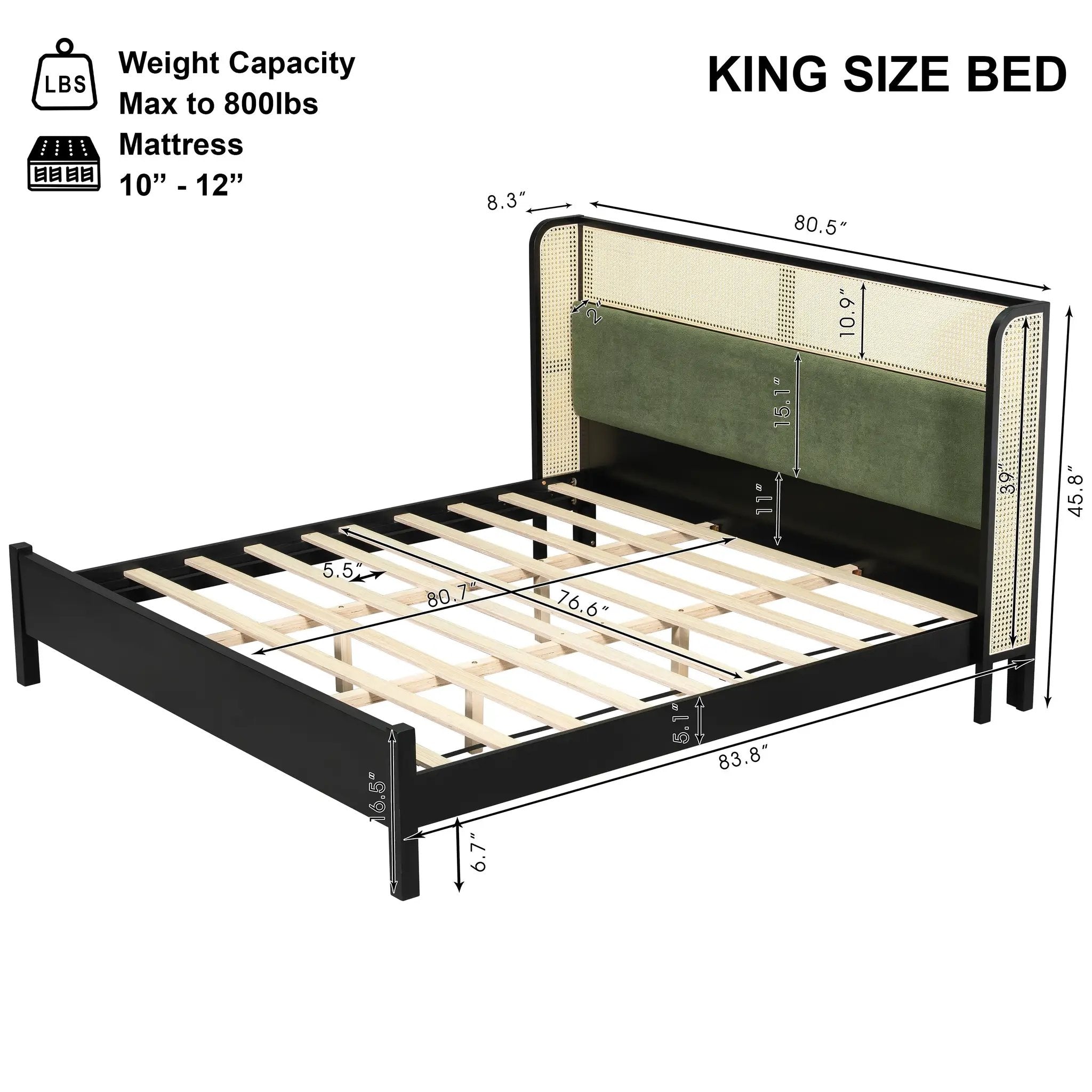 King Size Bed Frame with Black Frame and Green Upholstered Headboard by HouseOfZazla