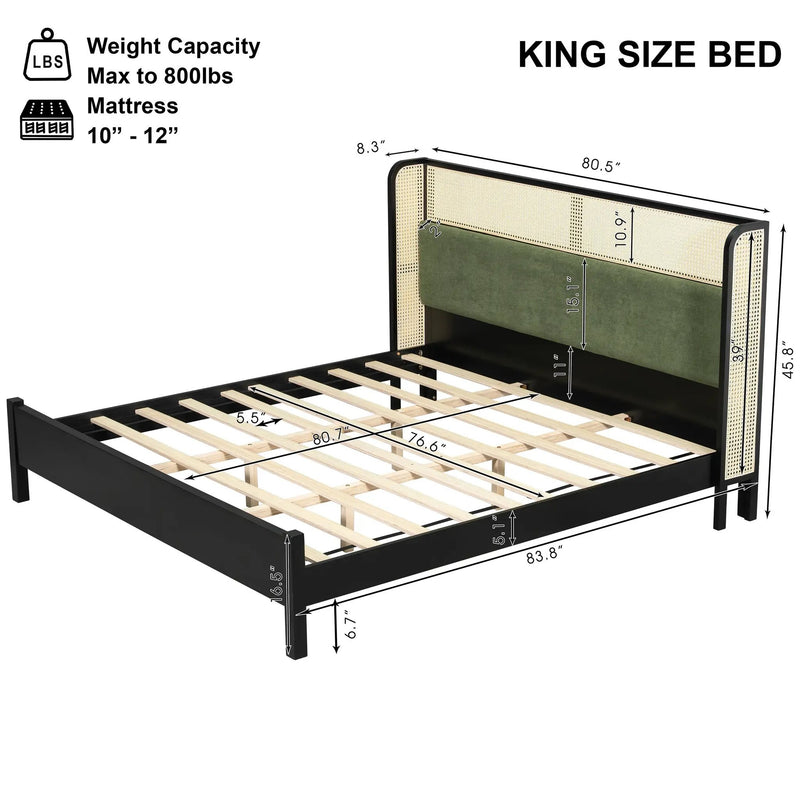 King Size Bed Frame with Black Frame and Green Upholstered Headboard by HouseOfZazla