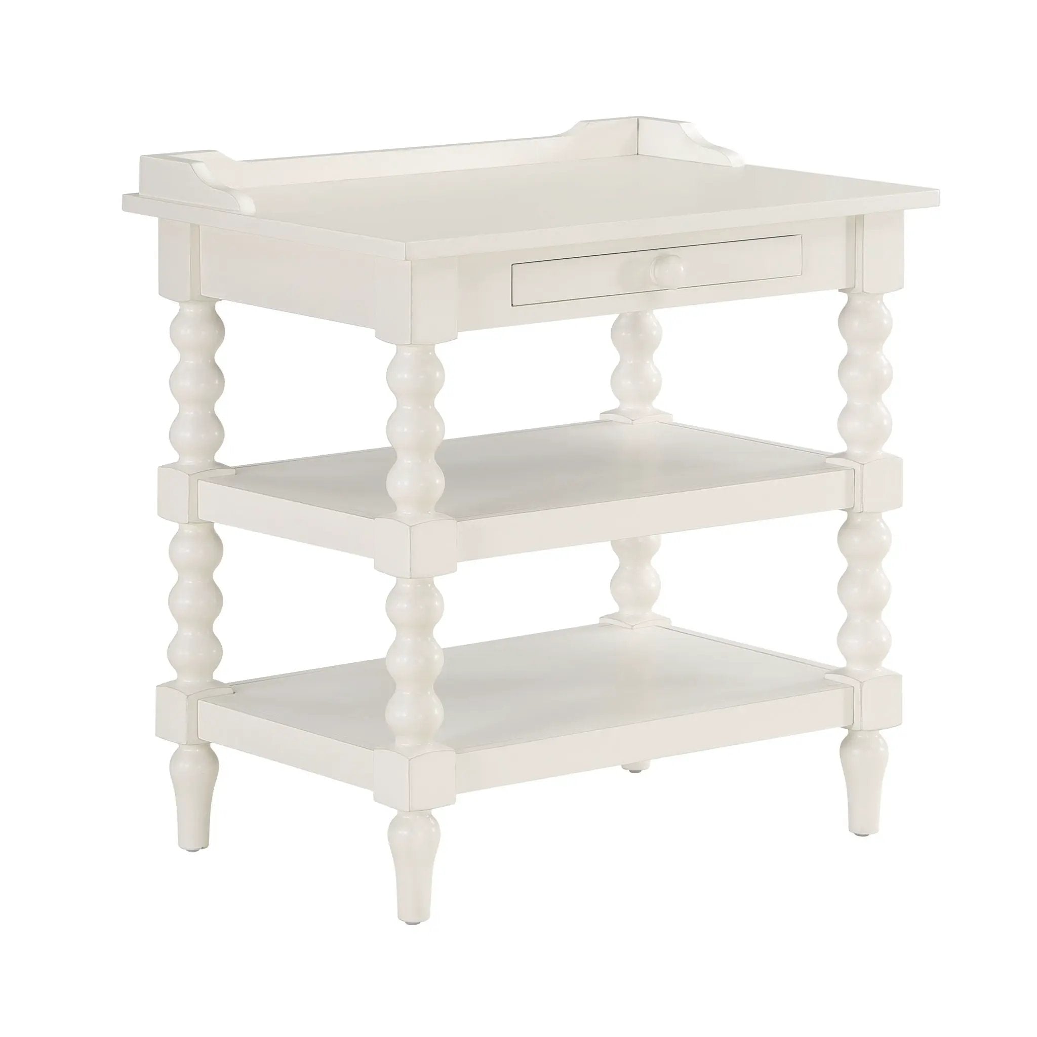 Aria - Nightstand With Styling, 2 Shelves, Pull Out Tray, Spool Turned Legs - Antique White by HouseOfZazla