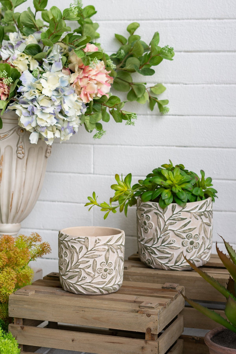 Set of 2 Garden Pots & Planters with Etched Floral Motif - Green & Gray