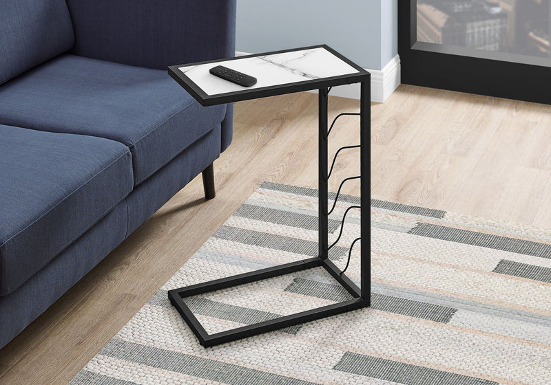 White C-Shaped Accent Table with Metal Frame - Contemporary Side Table