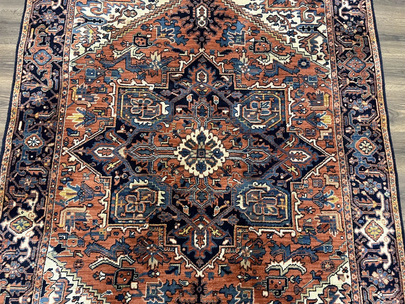Heriz Rug 5.6 x 8, Geometric Medallion, Wool Oriental Carpet, Tribal Boho Rug, Red Navy Blue Cream, Belgium Power Loomed Rug, Medium Sized by Jewel Rugs