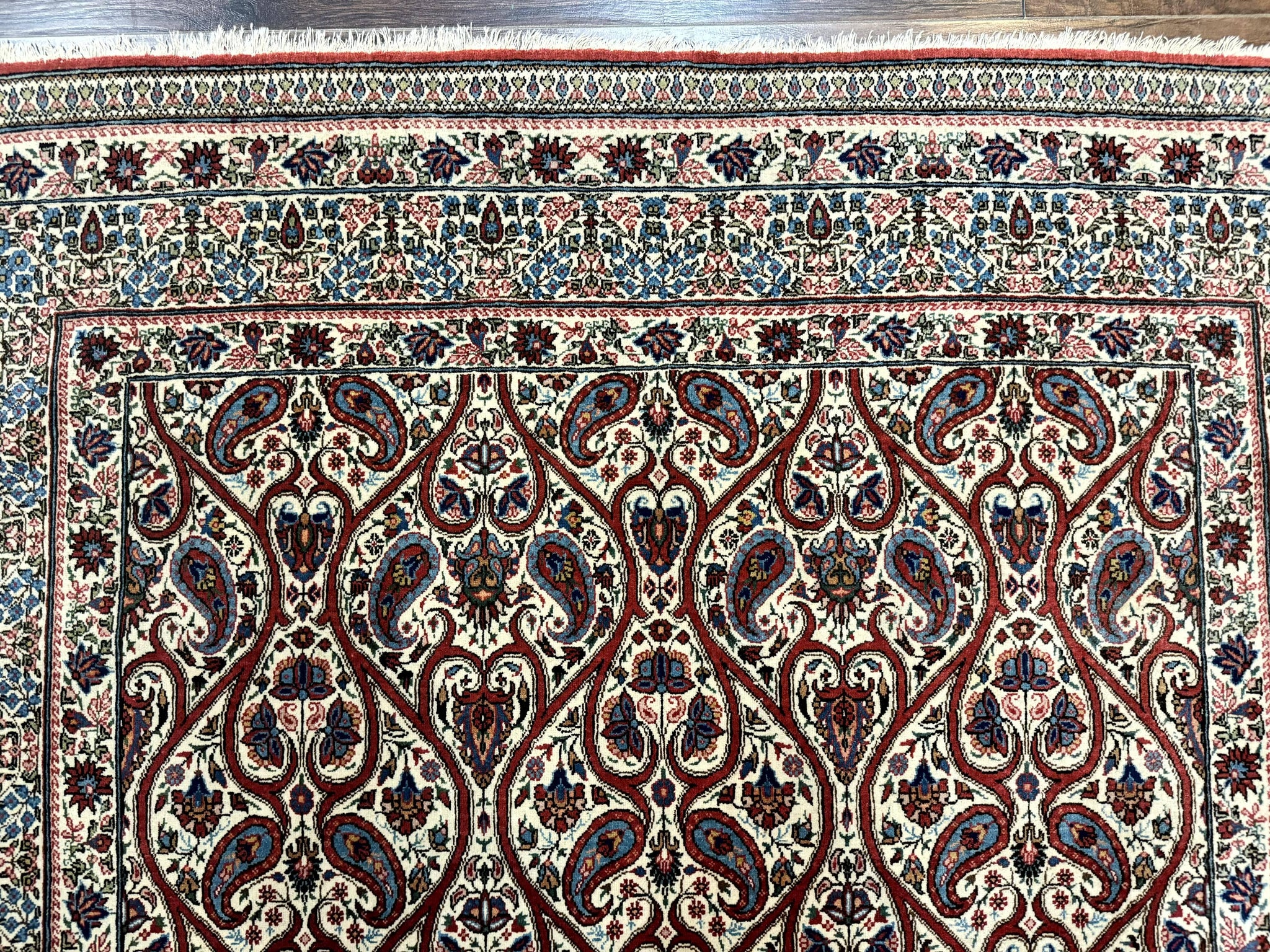 Unique Persian Qum Rug 5x7, Repeated Paisely Boteh Design, Ivory Red Blue, Handmade Antique Wool Persian Carpet, Finely Hand Knotted by Jewel Rugs